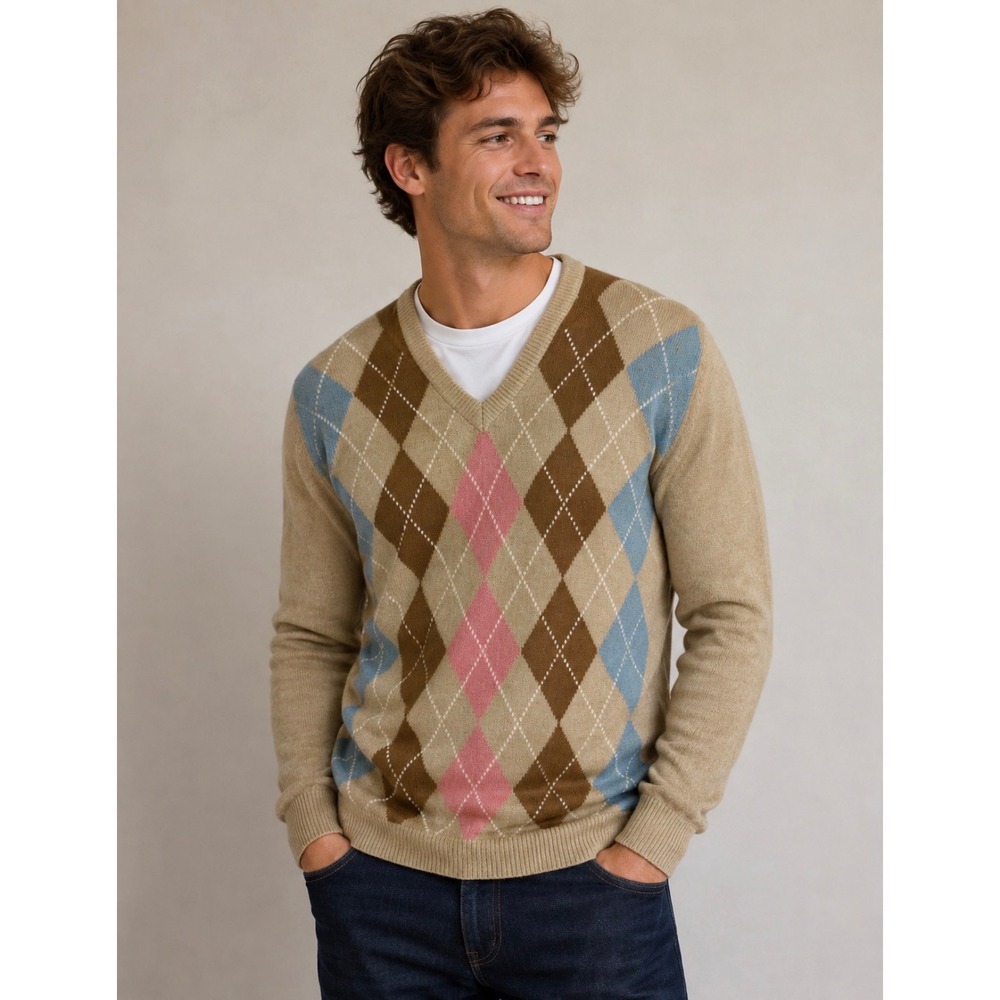 Christian Dior Monsieur Mens Tan Argyle Silk Blend V-Neck Sweater Large Vintage